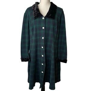 VTG 90s Black Watch Tartan Tie Back Coat Dres Velvet Collar & Cuffs Size 22 Twee